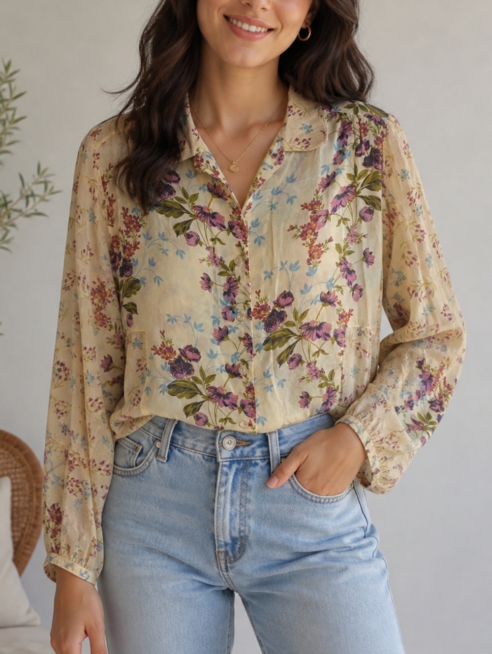 J Jill Sheer Retro Floral Button Down Women's Shirt